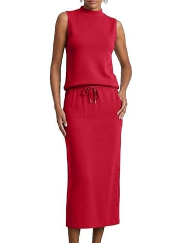 Casly Lamiit Two Piece Outfits for Women Casual Maxi Skirt Set Mock Neck Sleeveless Party Lounge Wear Matching Sets Women Clothing Red M - Image 1