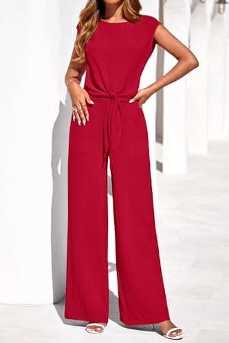 PRETTYGARDEN Women 2 Piece Lounge Sets 2026 Casual Summer Outfits Cap Sleeve Strappy Crop Tops Wide Leg Pant Tracksuit(Red,Large) - Thumbnail 4