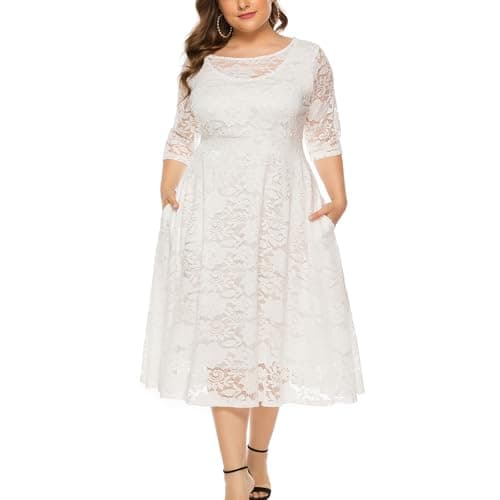 Eternatastic Womens Scooped Neckline Floral lace Top Plus Size Cocktail Party Midi Dress 4XL White - Image 1