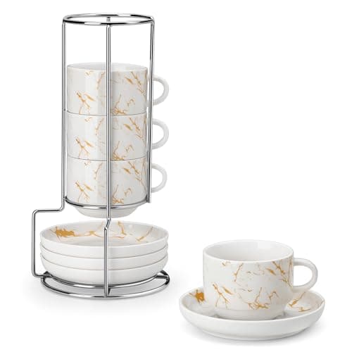 MALACASA 8 OZ Porcelain Espresso Cups with Saucers and Metal Stand Set of 4, Stackable Cappuccino Cups, Marble White Expresso Shots Cup Set for Coffee Drinks, Latte, Tea