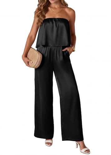 KIRUNDO Jumpsuits For Women Dressy 2026 Casual Tube Top Summer Romper Flowy Satin Strapless One Piece Vacation Outfits(Black, XX-Large) - Image 1