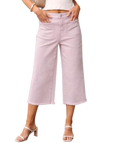 luvamia Capris Jeans for Women Wide Leg High Waisted Trendy Raw Hem Patch Pocket Cropped Stretchy Denim Capri Pants Country Concert Outfits for Women Hushed Violet Small Fits Size 4 Size 6 - Image 1
