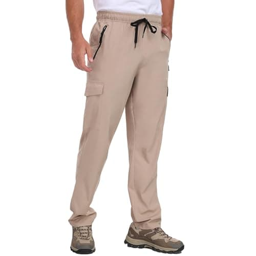 Mens Cargo Hiking Pants with 4 Pockets Waterproof Quick Dry Elastic Waist Drawstring UPF 50+ Lightweight Work Casual Travel Golf Workout Gym Khaki S - Thumbnail 2