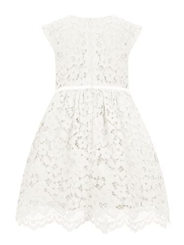 ALLOVIN Girls & Toddlers Sleeveless A-Line Lace Party Dress Birthday Wedding & Flower Girl Dress with Beaded Bowknot | Off-White | 11-12Y - Thumbnail 4