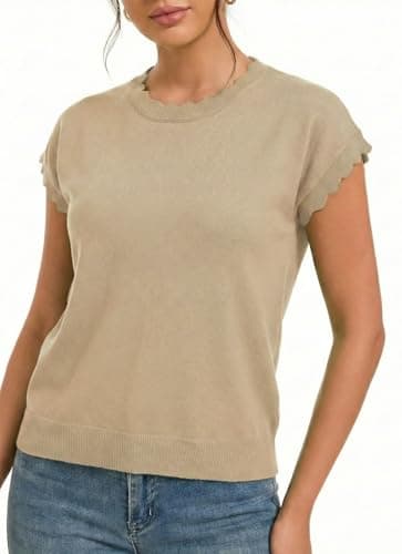 Jenisso Women Summer Sweater Cap Sleeve Lightweight Pullover Soft Knit Top with Scallop Wavy(Beige,XL) - Thumbnail 2