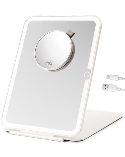 LUKYMIRO 7x9.5 Inches Lighted Travel Mirror with 10X Magnifying Round Mirror, Rechargeable Battery, USB-C Charging, 78 LEDs, Tabletop Mount - Image 1