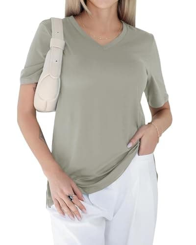 GAYHAY Grey Green V Neck T Shirts for Women - Soft Short Sleeve Basic Tees Comfortable Spring Summer Casual Trendy Tops 2025 - Image 1
