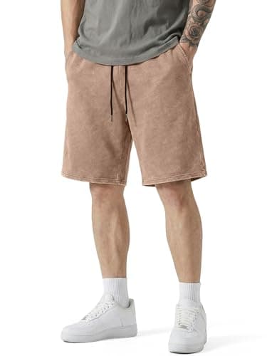 JMIERR Acid Washed Cotton Shorts for Men Relaxed Fit Stretchy Comfy Elastic Waist Drawstring Streetwear Summer Y2K Vintage Baggy Dress Shorts, Light French Beige, Small - Image 1