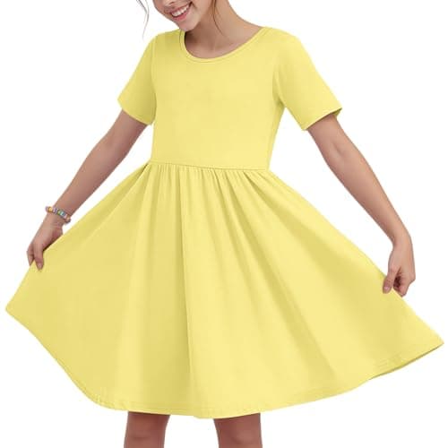 Girls Floral Mini Summer Dress Short Sleeve Crew Neck Casual Cute Sundress for Toddler Little Kids with Pockets for 5-14 Years Yellow S - Image 1