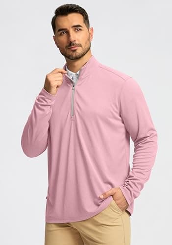 Obla Golf Quarter Zip Pullover for Men Mock Neck Sweatshirt Lightweight Sun Protection Men's Long Sleeve Golf Shirt (Pink Melange_S) - Thumbnail 2