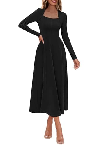Lazysmile Long Sleeve Fall Dresses for Women Square Neck A Line Flowy Casual Elegant Wedding Guest Party Maxi Dress Black - Image 1