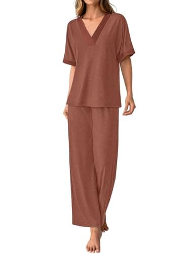 GKBK Womens Two Piece Outfits Pajama Sets 3/4 Dolman Sleeve V Neck Sleepwear Nightwear Loungewear Matching Pjs 2 Piece Lounge Set Lightweight Sweatsuit Fall Fashion Ooutfit Brown L - Thumbnail 5