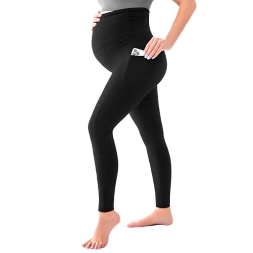 SINOPHANT Women's Maternity Leggings Over The Belly with Pockets,Pregnancy Yoga Pants Workout Leggings Black S - Image 1