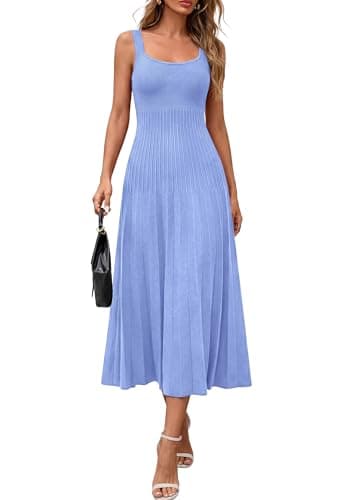PRETTYGARDEN Spring Dresses for Women 2026 Summer Casual Sleeveless Square Neck A Line Knit Pleated Midi Cocktail Party Dress (Light Blue,Large) - Image 1