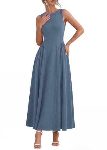 KIRUNDO Wedding Guest Dresses for Women 2026 Summer Semi Formal Work Sleeveless Elegant Boat Neck Flowy A Line Maxi Dress(Grey Blue, XX-Large) - Image 1