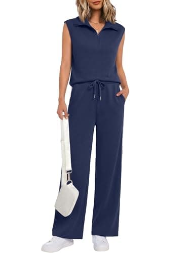 Casly Lamiit Two Piece Outfits for Women Airport Lounge Set Summer 1/2 Zip Tank Tops Wide Leg Track Pant Sets Jogger Sweatsuits Navy Blue XS - Image 1