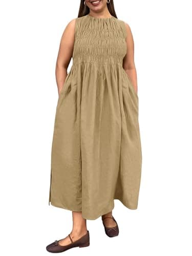 Beautife Women's Plus Size Maxi Dress Summer Casual Sleeveless Ruched Crewneck Sundresses with Pockets Khaki - Image 1
