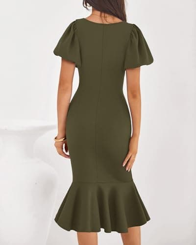 BTFBM Women Formal Wedding Guest Cocktail Dresses 2026 Short Sleeve Ruffle Mermaid Work Bodycon Elegant Midi Summer Dress(Army Green, XX-Large) - Thumbnail 3