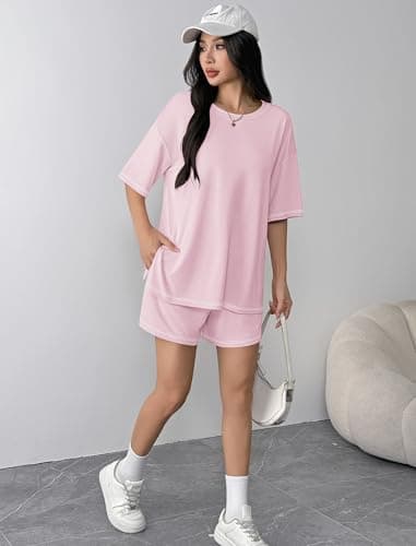 Ekouaer Lounge Sets for Women 2 Piece Shorts Sets Moisture Wicking Casual Summer Short Sleeve Matching Outfits with Pockets - Thumbnail 6