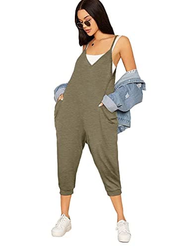 STOLKISS Women’s Spaghetti Strap Jumpsuits Summer Casual Sleeveless V Neck Thin Shoulder Strap Adjustable Jumpsuit Pant with Pockets (Y017 Khaki, X-Large) - Image 1