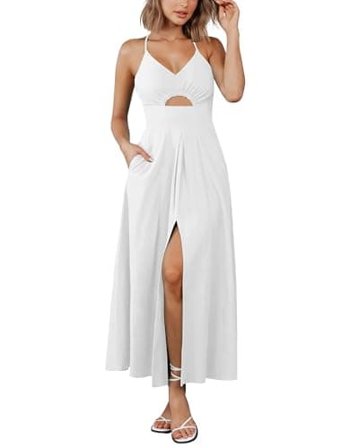 BTFBM Women 2026 Spaghetti Strap Midi Summer Dresses Sleeveless V Neck Cutout Slit Casual Beach Party Maxi Dress Pockets(White, X-Large) - Image 1