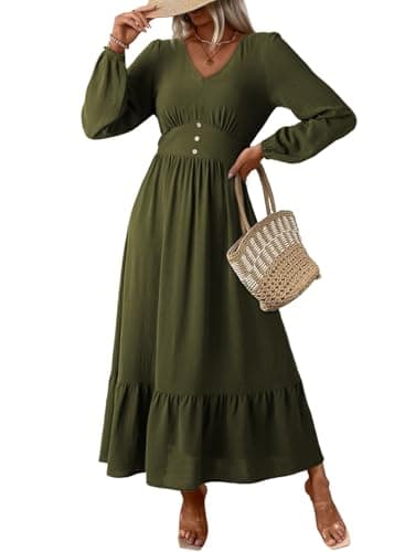 Dokotoo Wedding Guest Dresses for Women 2025 Casual Long Lantern Sleeve Cocktail Party Dresses Sexy V Neck Vintage Tiered Green Dress Fashion High Waist Boho Beach Vacation Outifits Medium - Image 1