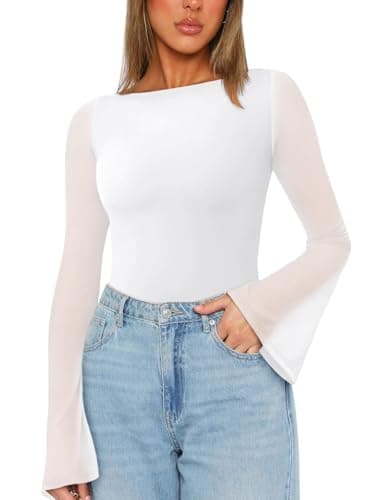 REORIA Women’s Fall Trendy Sexy Boat Neck Long Sleeve Sheer Mesh Slimming Going Out Bodysuit Tops For Vacation White Large - Image 1