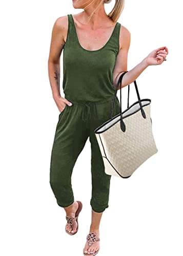 KIRUNDO Women 2025 Summer Jumpsuits Casual Sleeveless Drawstring Elastic Waist Romper Vacation Cruise Airport Travel Outfits(Small, Army Green)