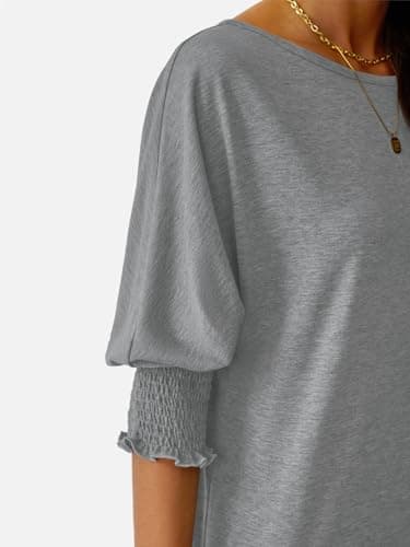 NORACORA Women's 2025 Fashion Tops 3/4 Sleeve T-Shirts Smocked Cuffs Cute Dressy Casual Crewneck Basic Business Tees Blouses Gray XS - Thumbnail 6