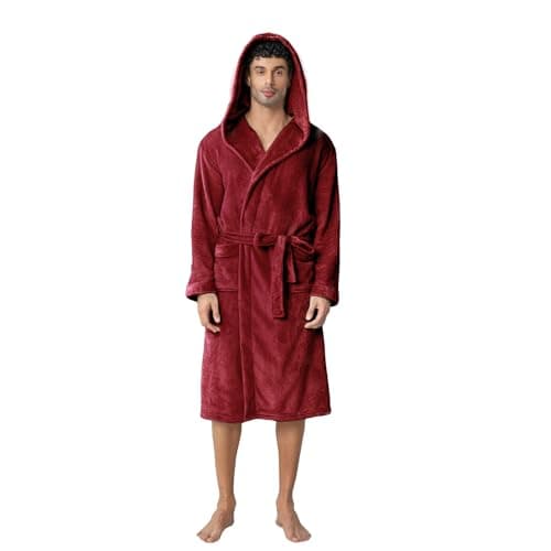 Lagtew Men's Hooded Fleece Bathrobe, Absorbent Anti-Static Plush Robe for Men with Pockets, Warm Soft for Home,BURGUNDY,L/XL - Image 1