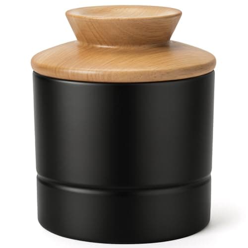 French Butter Dish with Lid for Countertop,Samseel Butter Crock with Water Line and Wooden Lid,Butter Keeper for Spreadable,Matte Black - Image 1