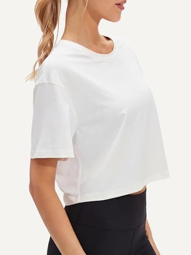 Stelle Womens Workout Crop Top Loose Short Sleeve Shirt Breathable Quick Dry UPF 50+ Oversized Boxy Tee for Running Athletic White X-Large - Thumbnail 2