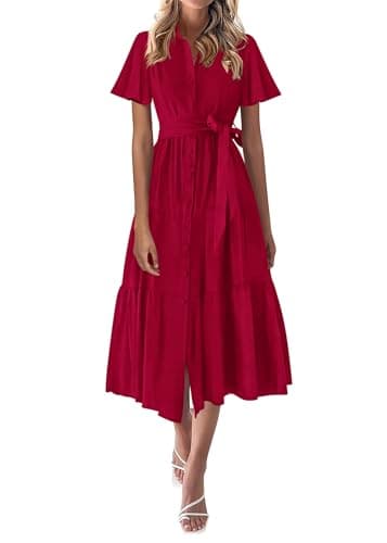 KIRUNDO Summer Button Down Wedding Guest Shirt Dresses for Women Maxi Flutter Short Sleeve Flowy Tiered Beach Sun Dress(Wine Red, Large) - Image 1