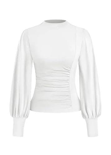 KIRUNDO Blouses for Women Dressy Casual 2026 Spring Tops Fall Puff Long Sleeve Shirts Fitted Mock Neck Ruched Trendy Tops(White, X-Small) - Image 1