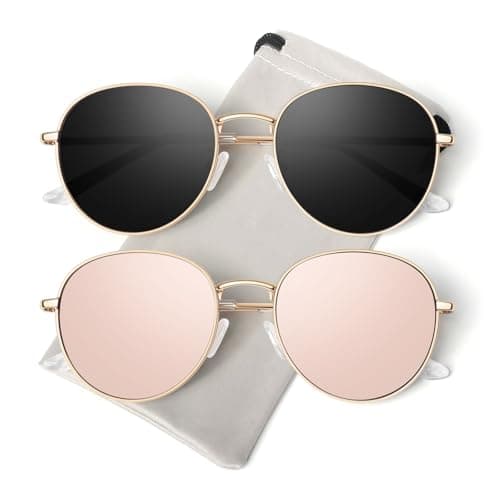 GQUEEN Retro Round Polarized Sunglasses Womens Men Spring Hinge Metal Frame Trendy Hippie Oval Sun Glasses Shades UV400,Gold Black & Mirrored Pink - Image 1
