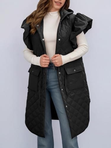 Tankaneo Womens Long Puffer Vest Ruffle Sleeve Winter Coats Hood Sleeveless Quilted Jackets Outwear - Thumbnail 2