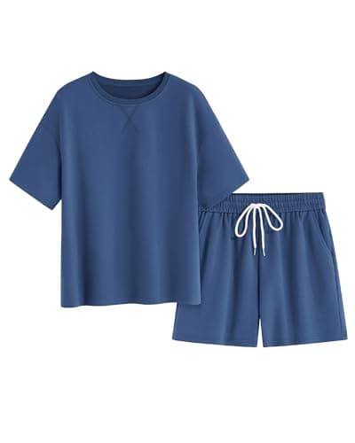 Zenlonr Women's Two Piece Lounge Sets 2026 Summer Casual Oversized Shirts Shorts Matching Airport Travel Outfit(Blue,Medium) - Image 1
