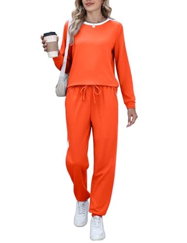 Marvmys Women Fall Outfits Sets Shirt Top and Sweatpants Lounge Set Long Sleeve Soft Tracksuits Set Orange XXL - Image 1