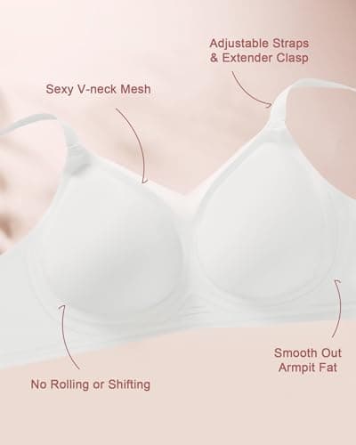ZEBELL M-5XL Wireless Bras for Women No Underwire, Plus Size V Lace Comfortable Bralette with Support, Full Coverage T-Shirt Bra White - Thumbnail 6