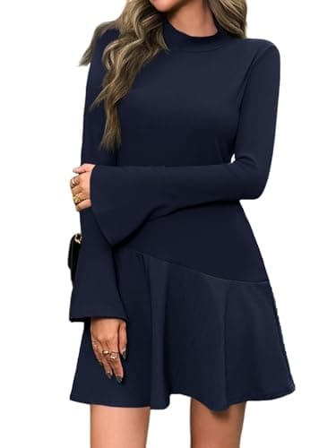 Wenrine Womens Long Bell Sleeve Mini Dress Casual Mock Neck Ruffle Hem Slim Fit Fall Knit Dresses Navy - Image 1