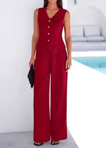 KIRUNDO Business Casual Outfits for Women Vest Tops Pant Suits Dressy 2 Piece Sets Summer Crop Blazer Wide Leg Work Pants(Wine Red, X-Large) - Thumbnail 4