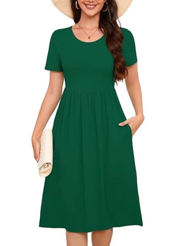 DEARCASE Casual Dresses for Women Dark Green XX-Large Short Sleeve A line Summer Beach Midi Sundress Wedding Guest Flowy Swing Cocktail Slimming Birthday Party Spring Travel Long Dress with Pockets - Image 1