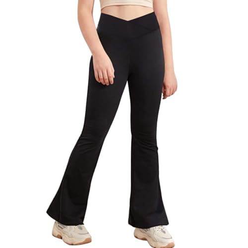 viehunt Girls Crossover High Waisted Flare Leggings Bootcut Solid Full Length Cute Yoga Pants Black - Image 1