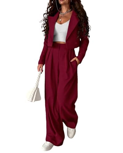KIRUNDO Business Casual Outfits for Women 2025 Fall 2 Piece Cropped Blazer Jackets Wide Leg Pants Suit Sets Work Clothes(Wine Red, Small) - Image 1