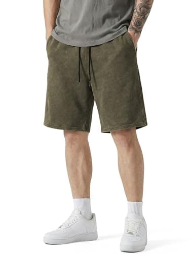 JMIERR Men's Athletic Shorts Moisture Wicking Vintage Acid Washed Cotton Loose Fit Elastic Waist Drawstring Casual Baggy Gym Shorts for Vacation,Office Date, Jungle Green, X-Large - Image 1