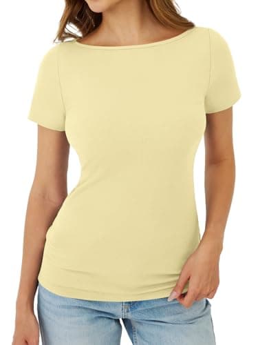 GKBK Boat Neck Tops for Women Ribbed Short Sleeve T-Shirts Slim Fitted Tight Compression Top Soft Y2K Basic Casual Going Out Tops for Spring Summer 2026 Trendy Fashion Outfits Light Yellow - Thumbnail 2