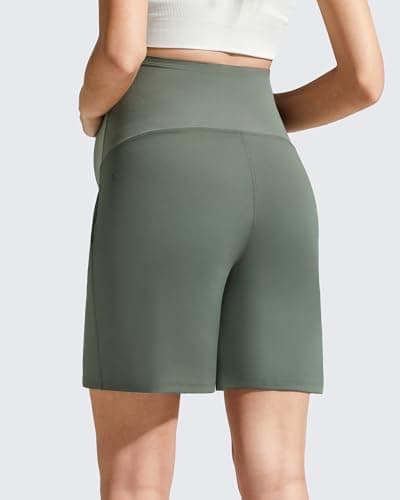 G4Free Pregnancy Workout Shorts Over The Belly Loose Maternity Athletic Shorts with Pockets Comfy Stretchy Activewear(Gray Sage,XXL) - Thumbnail 2