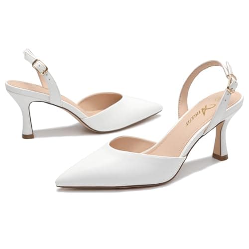 Athlefit Closed Pointed Toe Low Heels for Women Dress Work Wedding Party Slingback Stiletto Pumps Shoes White, Size 8.5, SAPU2606W - Thumbnail 5