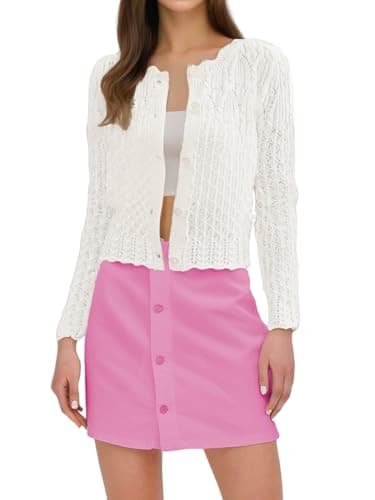 GORGLITTER Women's Button Up Cropped Cardigan Fall Sweaters Lightweight Open Front Cute Long Sleeve Crochet Knit Tops White Small - Image 1