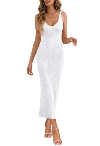 MEROKEETY Womens 2025 Summer V Neck Knit Midi Dress Bodycon Casual Sleeveless Ribbed Party Sweater Dresses,White,S - Thumbnail 2